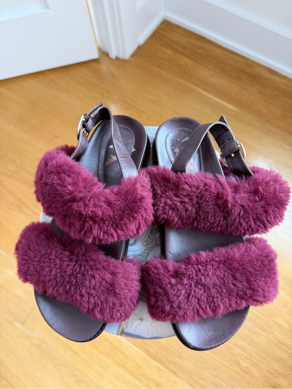 Alexandre Birman Women’s Plush Burgundy Fur Strap Sandals